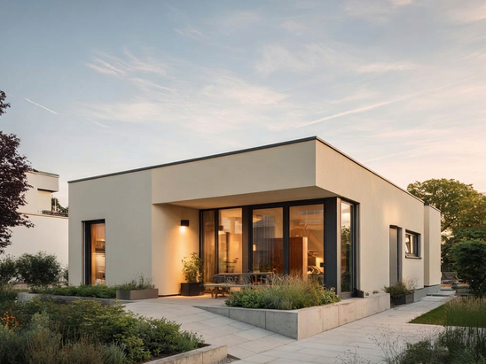 Barrierefreier Neubau Bungalow mit bodentiefen Fenstern, schwellenlosem Terrassenzugang und Garten in moderner Architektur
