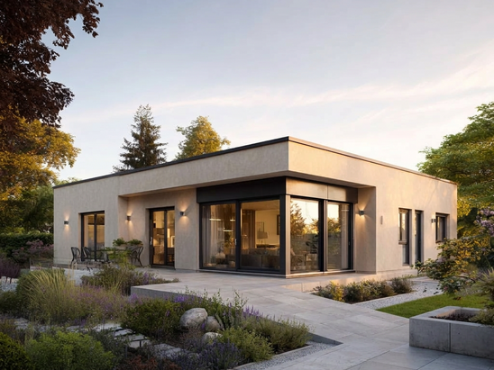 Moderner barrierefreier Bungalow als Neubau mit ebenerdigem Zugang, bodentiefen Fenstern, schwellenloser Terrasse und barrierefrei gestaltetem Garten in ruhiger Wohnlage