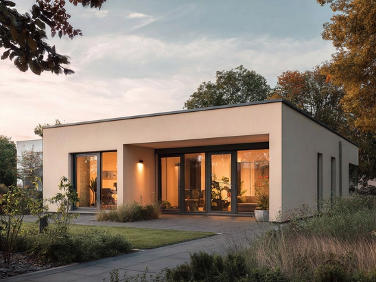 Moderner barrierefreier Bungalow als Neubau mit breiten Zugängen und Garten