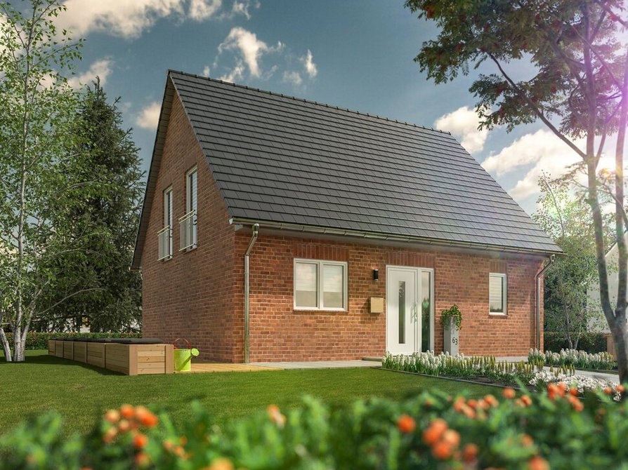 Der Anblick des Flair 134 in Klinker mit bodentiefen Fenstern im Obergeschoss, einem modernen Anthrazit-Satteldach und einladendem Eingangsbereich verspricht zeitgemäße Eleganz von der Straße aus.