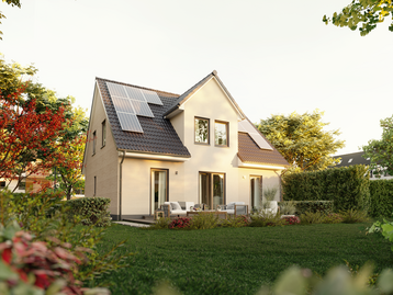 Blick vom Garten auf Flair 134 mit einer umweltfreundlichen PV-Anlage für nachhaltiges Wohnen.